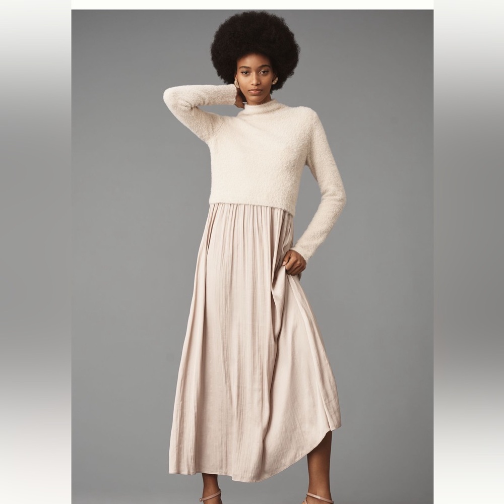 Anthropologie Cream Textured Knit Bodice Maxi Dress with Blush Skirt